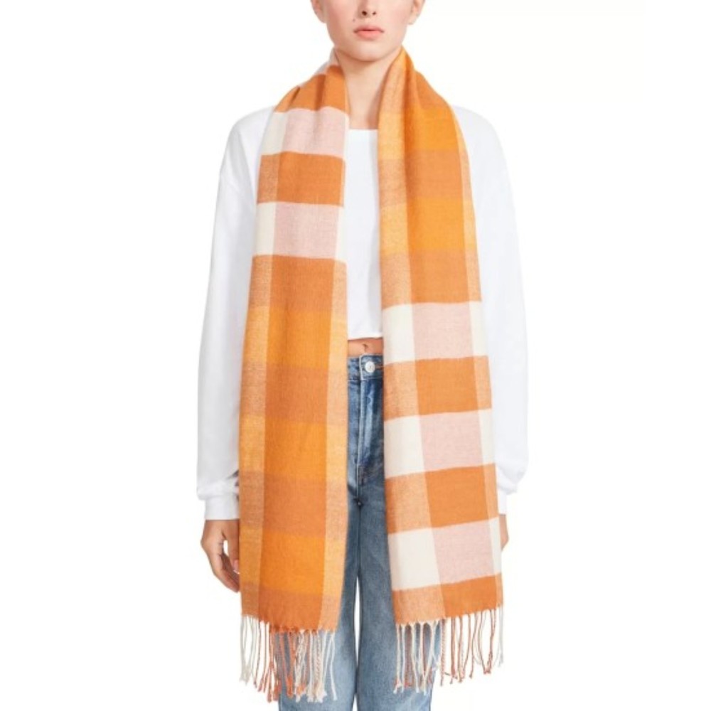 Steve Madden NWT Colorblock Buffalo Check Scarf Fringe Tassels Raw Edge OS New